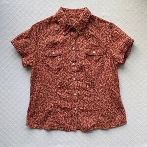 Liz Claiborne Linen Rust Red Vine Print Button-Up Shirt Short Sleeve Large P‎